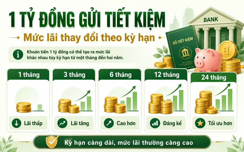 Khoản tiền 1 tỷ đồng có thể tạo ra mức lãi khác nhau tùy kỳ hạn từ một tháng đến hai năm.