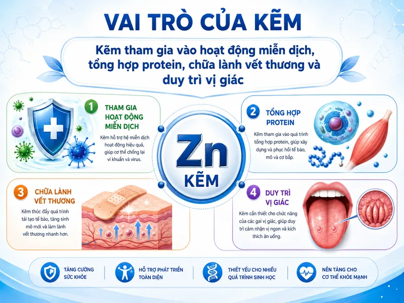 Kẽm tham gia vào hoạt động miễn dịch, tổng hợp protein, chữa lành vết thương và duy trì vị giác