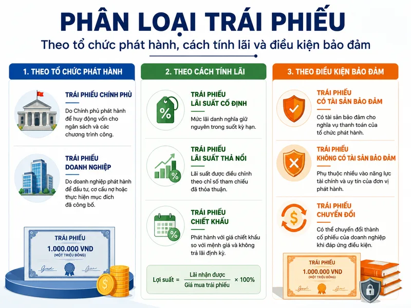 Trái phiếu được phân loại theo tổ chức phát hành, cách tính lãi và điều kiện bảo đảm