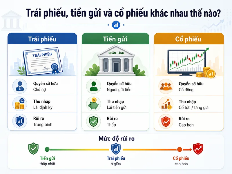 Trái phiếu, tiền gửi và cổ phiếu khác nhau về quyền sở hữu, thu nhập và mức độ rủi ro